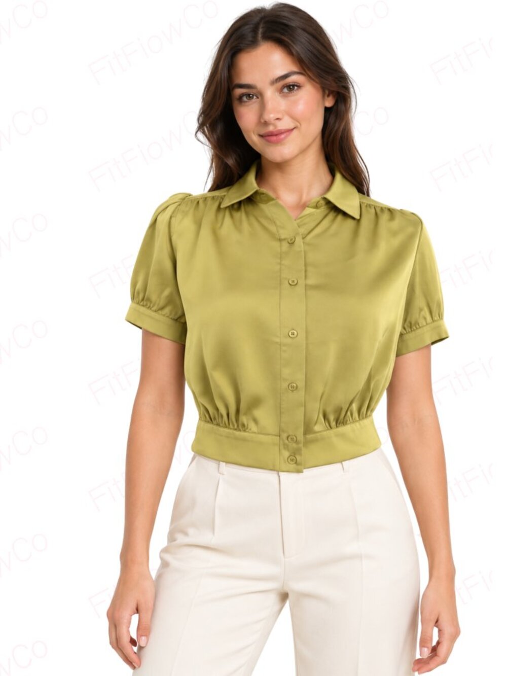 Industry Satin Puff Sleeve Cropped Blouse Light Pear XS NWT